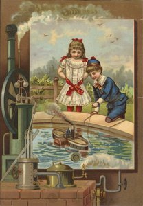 Niño demostrando barco de vapor de juguete a niña de French School