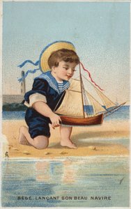 Niño jugando con un barco de vela de juguete de French School