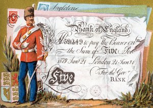 Soldado del ejército británico guardando un billete de cinco libras del Banco de Inglaterra, 1886-95