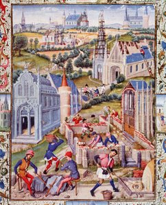Obras en Saint Denis (Ciudad) para la construcción de 12 iglesias en honor de los 12 apotres. Miniatura extraída de la "Vida del Tres Noble Conde Gerard de Roussillon". de French School