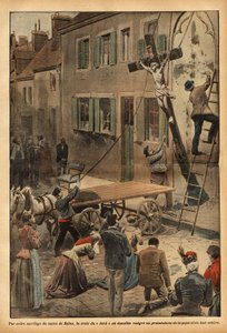Por orden del alcalde de Reims, Charles Arnould, la Cruz del muro de la escuela de la rue du Jard, fue decrocheada, provocando numerosas protestas, en el contexto de la lacisación progresiva de las instituciones del Estado. Grabado en "Le pelerin" 24/06/19