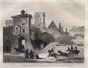 Pirámide de Cayo Cestio y Puerta de San Pablo en Roma - Grabado de 