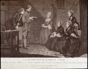 El asunto Calas: La desgraciada familia de Jean Calas (muerto en 1762): la madre, las dos hijas, con Jeanne Viguiere, su buena criada, el hijo y su amigo, v.1762. de French School