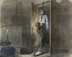 Caso Calas: el 13 de octubre de 1761, Marc Antoine Calas es encontrado ahorcado en la boutique familiar en Toulouse - Grabado en "Causas célebres de todos los pueblos" por Armand Fouquier (1817-18?) 1858-1867 - colección privada de French School