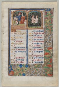 Página del calendario de mayo (anverso), c. 1510 (tinta, temple, oro, vitela) de French School
