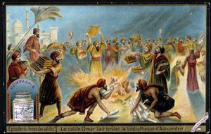 El califa Omar quema la biblioteca de Alejandría - Viñeta publicitaria de Liebig de French School