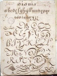 Caligrafía: Pieza manuscrita de redonda en vitela adornada con arabescos alrededor de 1813 por Sebastien Royllet. Biblioteca Histórica de la Ciudad de París