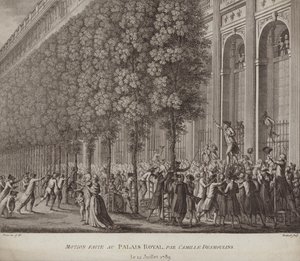 Camille Desmoulins llamando a las armas al pueblo en el Palais Royal, París de French School