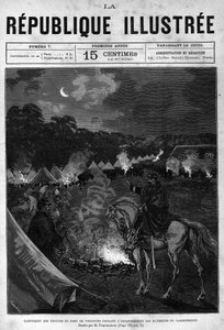 Campamento de las tropas del Fuerte de Vincennes durante la limpieza de los edificios de acuartelamiento. Un periódico. Grabado de 1880 en 