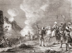 Cañones utilizados como máquinas de asedio por el sultán Abu Yaqub Yusuf en el asedio de Sijilmasa, Marruecos, en 1274, de Les Merveilles de la Science, publicado hacia 1870 (grabado). de French School