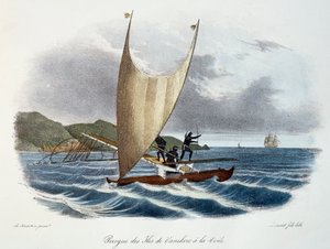 Canoa con vela de las Islas Vanikoro, Islas Salomón (archipiélago), grabado en color de Voyage of discovery of the Astrolabe undertaken by order of the king, during the years 1826-1829, por Jules-Sebastien-Cesar Dumont d