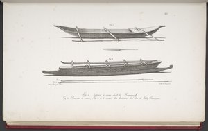 [Canoas de las Islas Marshall y una canoa y armas de las Islas Cook], de Pintoresco viaje alrededor del mundo, con retratos de salvajes de América, Asia, África y las islas del Gran Océano; paisajes, vistas al mar, y más de French School