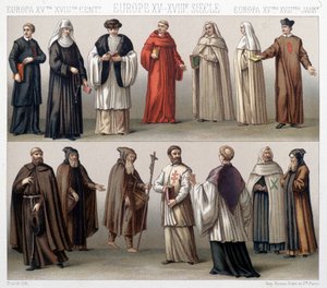 Canónigos del Santo Sepulcro en Polonia. Arriba: trajes de los siglos XVII y XVIII. Abajo: trajes de la época antigua