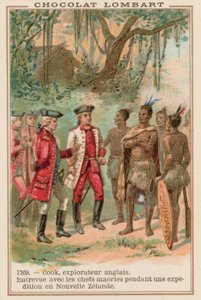 El capitán James Cook reuniéndose con jefes maoríes en Nueva Zelanda, 1769