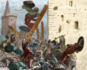 Captura de Carcasona durante la cruzada contra los albigenses en agosto de 1209. Grabado en "Histoire De France En Cent Tableaux" por Paul Lehugeur, 1891