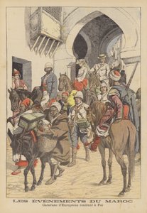Caravana de europeos de regreso a Fez, Marruecos (litografía en color)