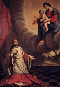 El cardenal Berulle (1575-1629) arrodillado ante la Virgen. Pintura de la escuela francesa. Siglo XVII. Colección privada de French School