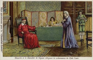El cardenal Mazarino y el canciller Seguier redactando las ordenanzas del Código Luis de French School