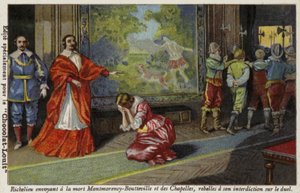 El cardenal Richelieu enviando a François de Montmorency-Bouteville y al conde de Chapelles a ser ejecutados por desafiar su prohibición de los duelos, 1627 de French School