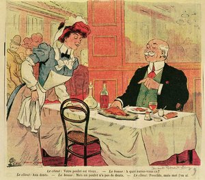 Caricatura de cliente y camarera en un restaurante, c.1905