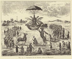 Caricatura sobre el Barco volador de Blanchard de French School