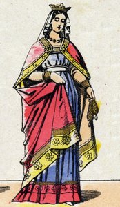 Dinastía carolingia: Retrato de Adelaida de Anjou también llamada Adelaida de Gévaudan o Blanca de Anjou (947-1026), reina de Francia, esposa de Luis V llamado el Holgazán (967-987). Imagen de Épinal de finales del siglo XIX. Colección privada. de French School