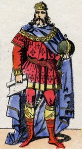 Dinastía carolingia: Retrato de Carlos, conocido como el Grande o Carlomagno (Carolus Magnus, 742-814) emperador de 800 a 814. Imagen de Épinal de finales del siglo XIX. Colección privada. de French School