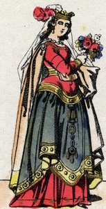 Dinastía carolingia: Retrato de Hildegarda de Vintzgau (v. 758-783) esposa de Carlos el Grande o Carlomagno (Carolus Magnus, 742-814). Imagen de Epinal de finales del siglo XIX. Colección privada.