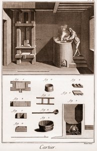 Cartier - Fabricación de cartas de juego - labrador que hace pegamento en su horno - "La Gran Enciclopedia, ou Dictionnaire Raisonne des Sciences, des Arts et des Metiers" (Enciclopedia o Diccionario de las Ciencias, Artes y Profesiones) por Denis Diderot  de French School