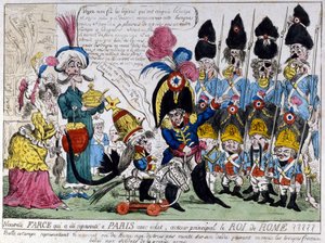 Caricatura sobre Napoleón I (1769 - 1821) y su hijo, el Rey de Roma (1811 - 1832): este último en su caballo de balancín revisa las tropas del ejército francés con su padre. Estampa francesa del siglo XIX de French School