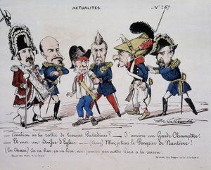 Caricatura sobre la Comuna “Noticias - ¿Cuántas tropas reuniste, Paladine? - Estoy trayendo una guardia del país. Y soy una iglesia suiza. - (Vinoy) Tengo al Bombero de Nanterre - (En el corazón) Está bien, está bien, finalmente pondremos a París en razón. de French School
