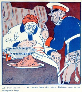 Caricatura criticando el comportamiento codicioso de Bulgaria sobre la partición de Macedonia durante las Guerras de los Balcanes 1912-13 de French School
