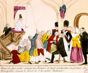 Caricatura que representa a aristócratas y clérigos franceses prestando juramento de lealtad a la República