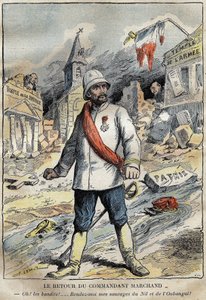 Caricatura del comandante Jean-Baptiste (Jean Baptiste) Marchand (1863-1934), en Toulon, regresando de una misión de exploración (1896-1899) en África. Grabado en "Le Pelerin" 4/06/1899