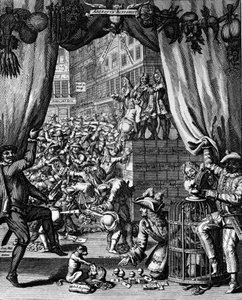 Caricatura sobre el sistema de John Law, rue Quincampoix - John Law de Lauriston (1671-1729). grabado de French School