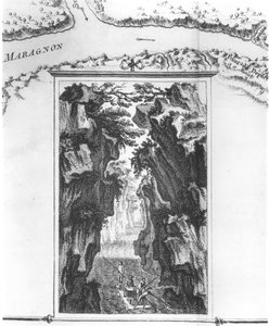 Cartucho que representa a La Condamine en una balsa en el Amazonas, en un mapa llamado Carte du detroit appele Pongo de Manseriche dans le Maragnon ou la riviere des Amazones, ilustración de Histoire de l