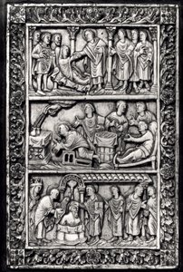 Placa tallada para una cubierta de libro que representa escenas de la vida de San Remigio (c.437-533) y el bautismo de Clodoveo I (465-511) de French School