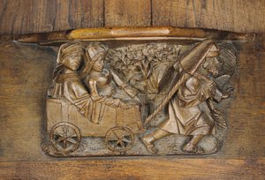 Escultura que representa a una pareja en un carro tirado por un hombre, de un coro (madera) de French School