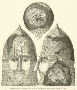 Casco de Jaroslaf, gran duque de Rusia hacia 1238, visto desde arriba, de frente y de perfil de French School