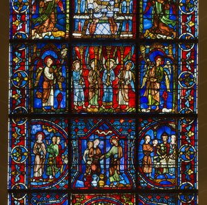 Catedral de Chartres, vidriera: nuestra señora del hermoso vidrio con debajo la vida pública de Cristo (detalle) centro de French School