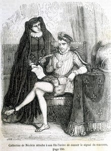 Catalina de Médici arranca de su hijo (Carlos IX) la orden de dar la señal de la masacre de San Bartolomé en 1572 - en 