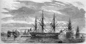 Fiesta católica: Viernes Santo en Toulon (Var, 83) en 1858. Los barcos tienen sus mástiles en cruz y sus banderas a media asta en señal de luto. Grabado en "Le Monde Illustré" n°53 del 17 de abril de 1858.