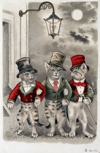Gatos en situación - postal de principios del siglo XX de French School