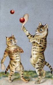 Gatos jugando al tenis - postal de principios del siglo XX de French School