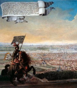 Vista de París desde el Faubourg Saint Jacques. Conmemoración de la defensa de París por el canciller Pepin des Essarts después de la traición de Etienne Marcel, en 1358. (detalle) de French School