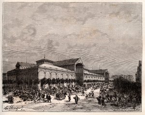 Mercados centrales en París en el siglo XIX - grabado en “La France illustrée: géographie, histoire, administration statistique” por V.A. Malt-Brown. 1884 de French School