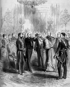 Ceremonia para la presentación de las insignias del cardenalato: Pier Francesco Meglia (1810-1883) recibió el manto rojo del cardenal mientras Jules Grévy (1807-1891) colocaba la birreta cardenalicia en su cabeza. París, Palais de l