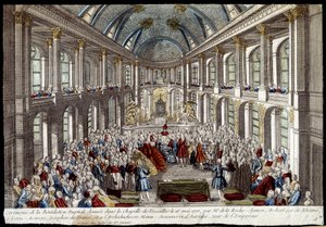Ceremonia de la bendición nupcial dada en la capilla de Versalles el 16 de mayo de 1770 por Luis Augusto, delfín de Francia (Luis XVI), y María Antonieta de Austria - grabado de French School
