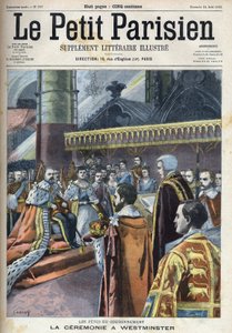 Ceremonia de la coronación en Westminster: Rey Eduardo VII (1841-1910) y Alexandra de Dinamarca (1844-1925), en "Le Petit Parisien"