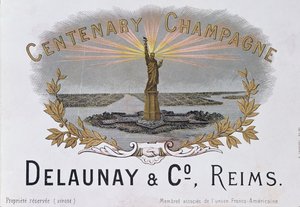 Etiqueta de champán de la casa Delaunay & Co. celebrando el centenario de la Independencia Americana y representando la Estatua de la Libertad, c.1876 de French School